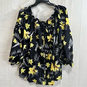 Sheilay Tropical Floral Ruffled Boatneck Elastic Cuffed Flowy Blouse Shirt 3XL